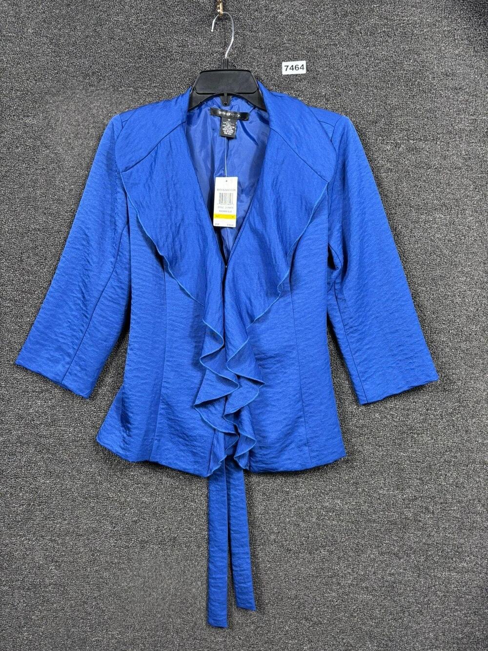 89th & Madison Blazer Jacket Womens Medium Blue Ruffle Front Tie Belted Lined